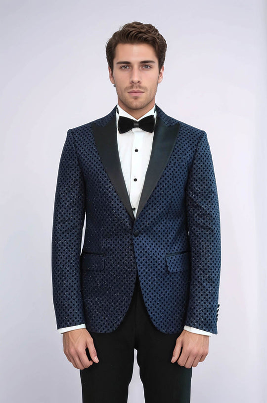 Men’s Midnight Navy Sequin Dot Jacquard Slim Fit Peak Lapel Dinner Jacket