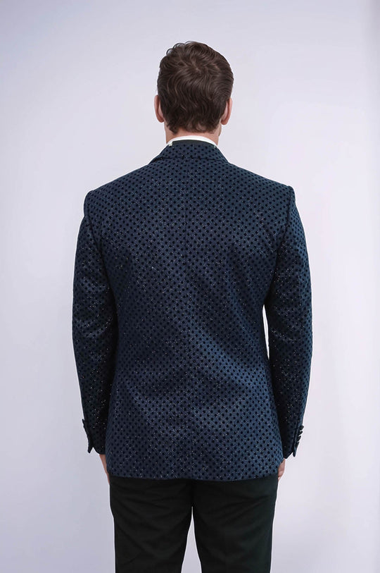 Men’s Midnight Navy Sequin Dot Jacquard Slim Fit Peak Lapel Dinner Jacket
