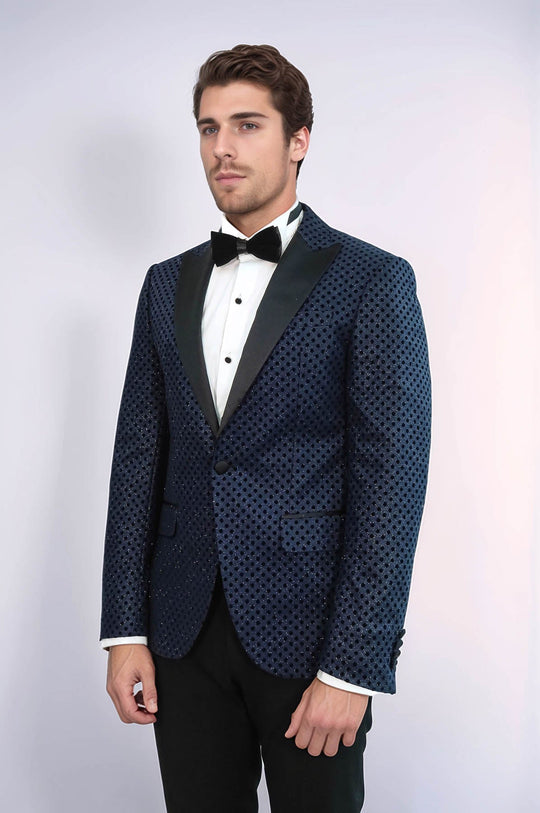 Men’s Midnight Navy Sequin Dot Jacquard Slim Fit Peak Lapel Dinner Jacket