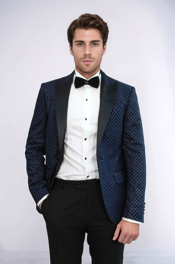 Men’s Midnight Navy Sequin Dot Jacquard Slim Fit Peak Lapel Dinner Jacket