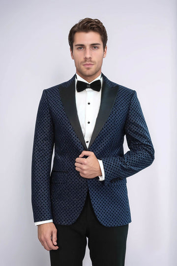 Men’s Midnight Navy Sequin Dot Jacquard Slim Fit Peak Lapel Dinner Jacket