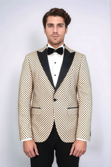 Men’s Cream Sequin Dot Patterned Slim Fit Peak Lapel Wedding Tuxedo Blazer