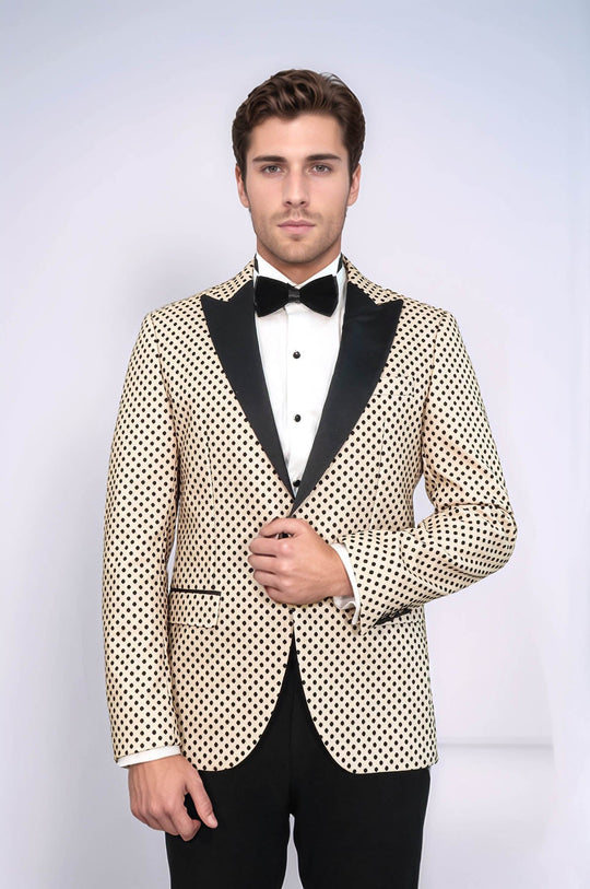 Men’s Cream Sequin Dot Patterned Slim Fit Peak Lapel Wedding Tuxedo Blazer