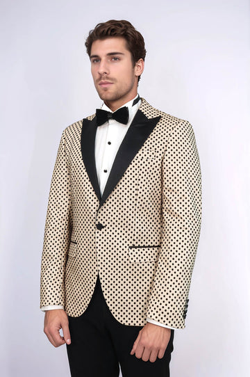 Men’s Cream Sequin Dot Patterned Slim Fit Peak Lapel Wedding Tuxedo Blazer