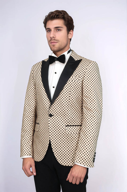 Men’s Cream Sequin Dot Patterned Slim Fit Peak Lapel Wedding Tuxedo Blazer