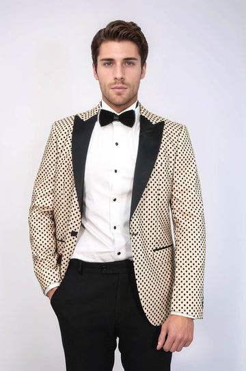 Men’s Cream Sequin Dot Patterned Slim Fit Peak Lapel Wedding Tuxedo Blazer
