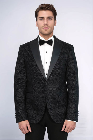 Men’s Midnight Black Wavy Glitter Jacquard Slim Fit Peak Lapel Dinner Jacket