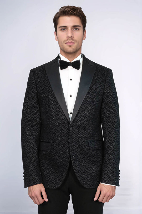 Men’s Midnight Black Wavy Glitter Jacquard Slim Fit Peak Lapel Dinner Jacket