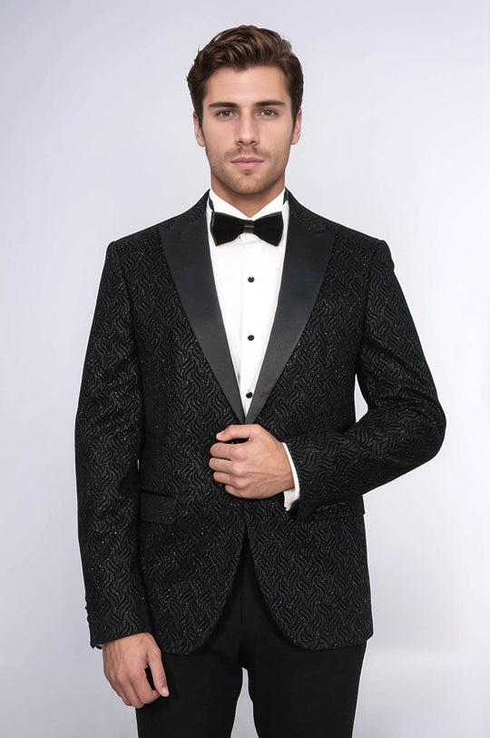 Men’s Midnight Black Wavy Glitter Jacquard Slim Fit Peak Lapel Dinner Jacket