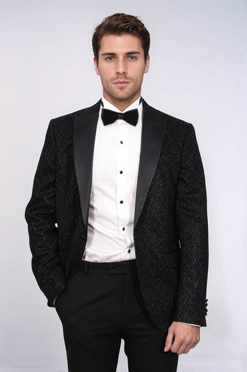 Men’s Midnight Black Wavy Glitter Jacquard Slim Fit Peak Lapel Dinner Jacket