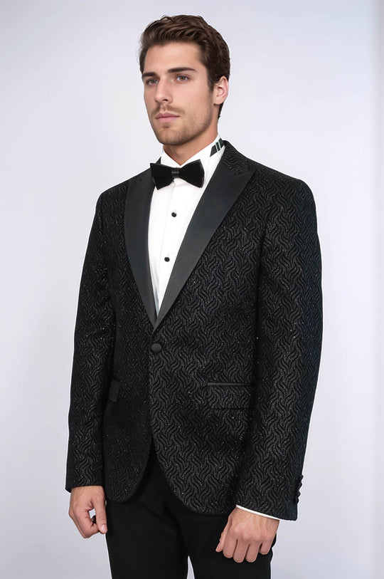 Men’s Midnight Black Wavy Glitter Jacquard Slim Fit Peak Lapel Dinner Jacket