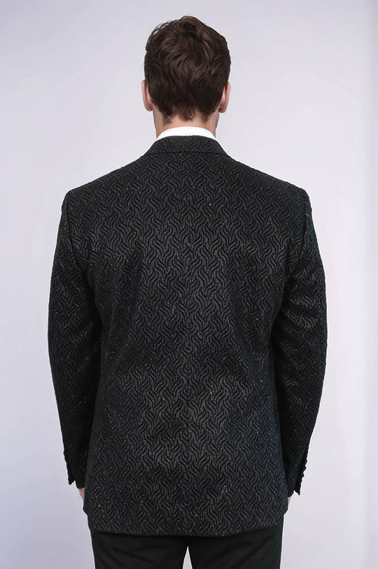 Men’s Midnight Black Wavy Glitter Jacquard Slim Fit Peak Lapel Dinner Jacket
