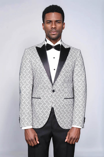 Men’s Arctic White Flame Jacquard Slim Fit Peak Lapel Dinner Jacket