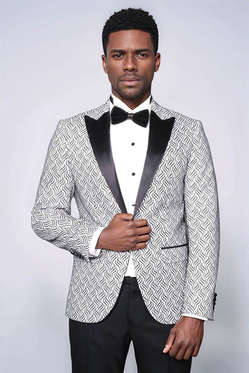 Men’s Arctic White Flame Jacquard Slim Fit Peak Lapel Dinner Jacket
