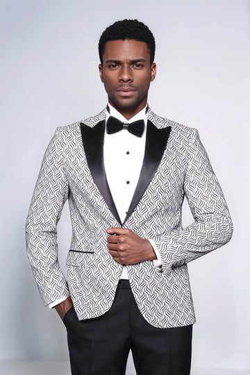 Men’s Arctic White Flame Jacquard Slim Fit Peak Lapel Dinner Jacket