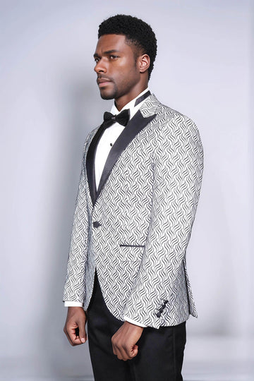 Men’s Arctic White Flame Jacquard Slim Fit Peak Lapel Dinner Jacket