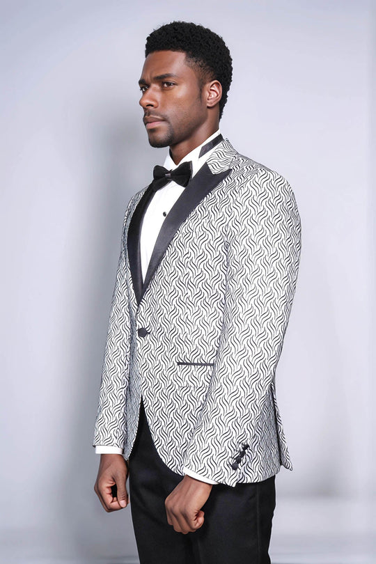 Men’s Arctic White Flame Jacquard Slim Fit Peak Lapel Dinner Jacket