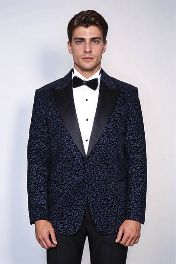 Men’s Midnight Navy Scroll Jacquard Slim Fit Peak Lapel Dinner Jacket