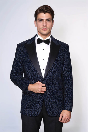Men’s Midnight Navy Scroll Jacquard Slim Fit Peak Lapel Dinner Jacket