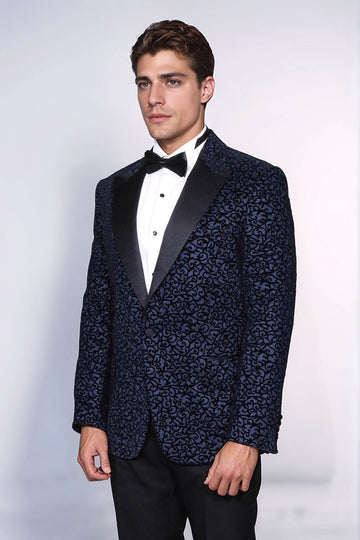Men’s Midnight Navy Scroll Jacquard Slim Fit Peak Lapel Dinner Jacket