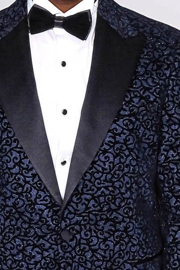Men’s Midnight Navy Scroll Jacquard Slim Fit Peak Lapel Dinner Jacket