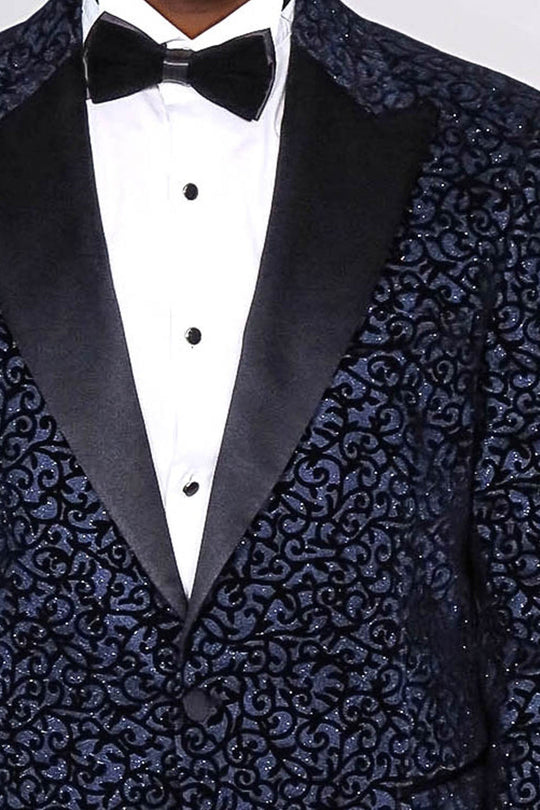 Men’s Midnight Navy Scroll Jacquard Slim Fit Peak Lapel Dinner Jacket