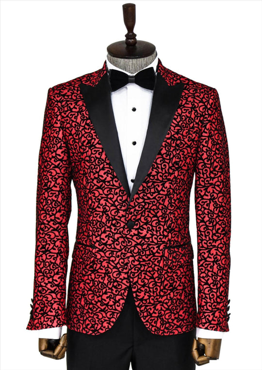 Red patterned tuxedo jacket with black lapels on a mannequin against a white background
