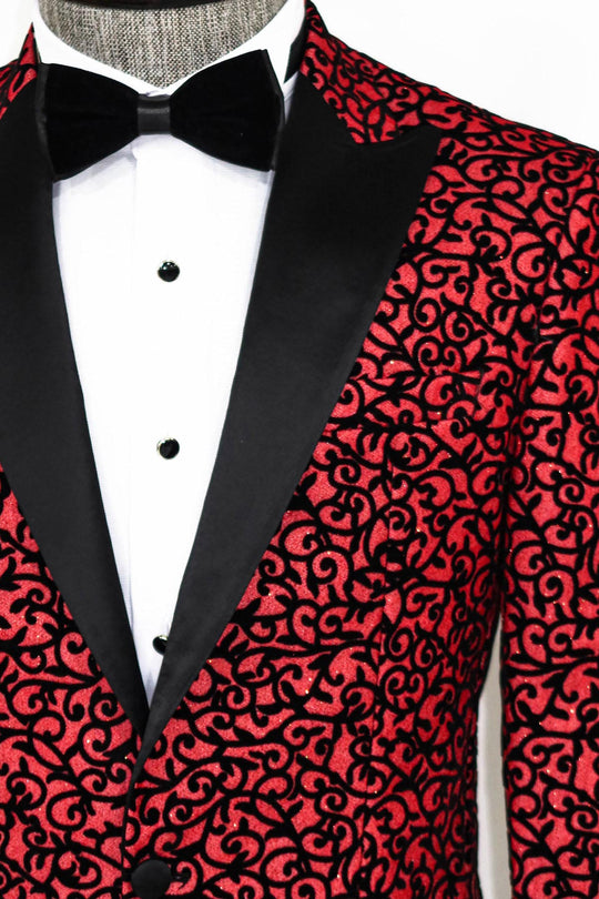 Men’s Crimson Burgundy Scroll Jacquard Slim Fit Peak Lapel Dinner Jacket