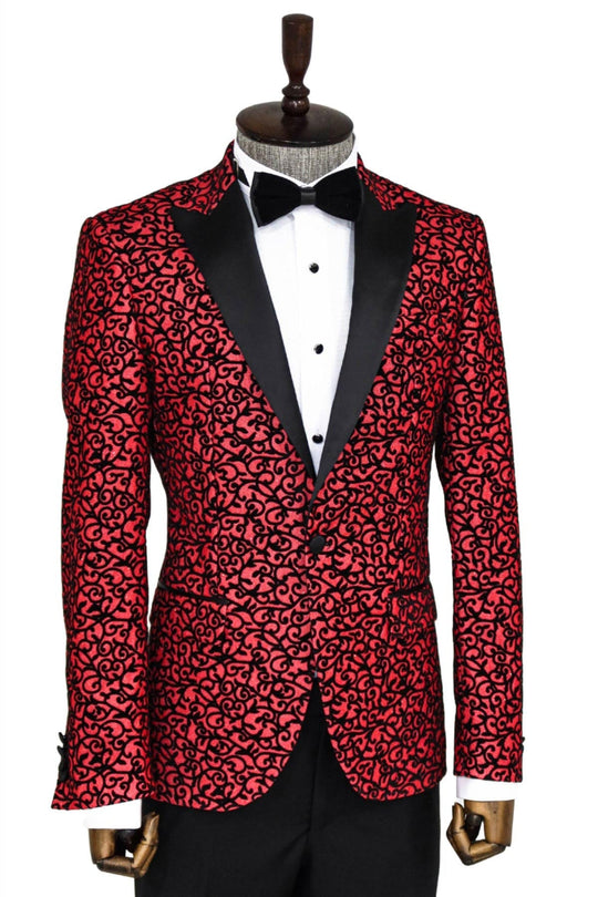 Men’s Crimson Burgundy Scroll Jacquard Slim Fit Peak Lapel Dinner Jacket