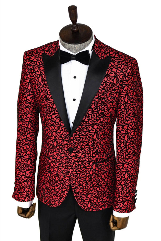 Men’s Crimson Burgundy Scroll Jacquard Slim Fit Peak Lapel Dinner Jacket