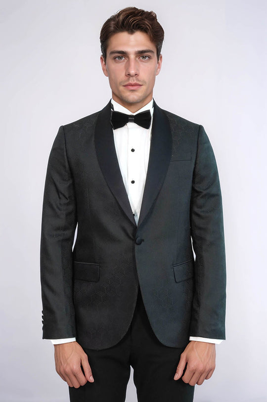 Men’s Midnight Black Pentagon Patterned Slim Fit Shawl Lapel Tuxedo