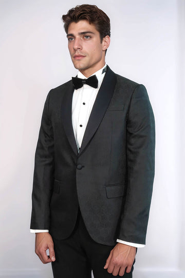 Men’s Midnight Black Pentagon Patterned Slim Fit Shawl Lapel Tuxedo