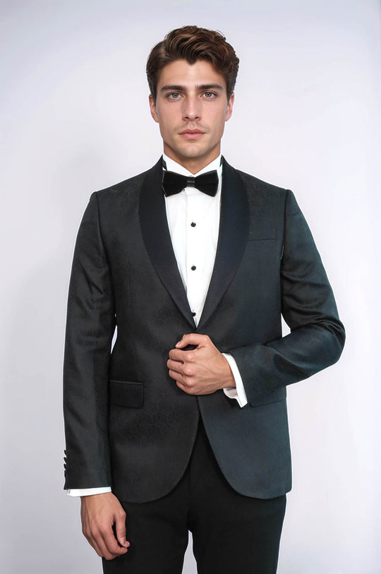 Men’s Midnight Black Pentagon Patterned Slim Fit Shawl Lapel Tuxedo