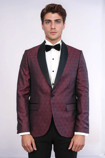 Men’s Burgundy Pentagon Patterned Slim Fit Shawl Lapel Dinner Jacket