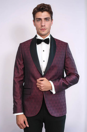 Men’s Burgundy Pentagon Patterned Slim Fit Shawl Lapel Dinner Jacket