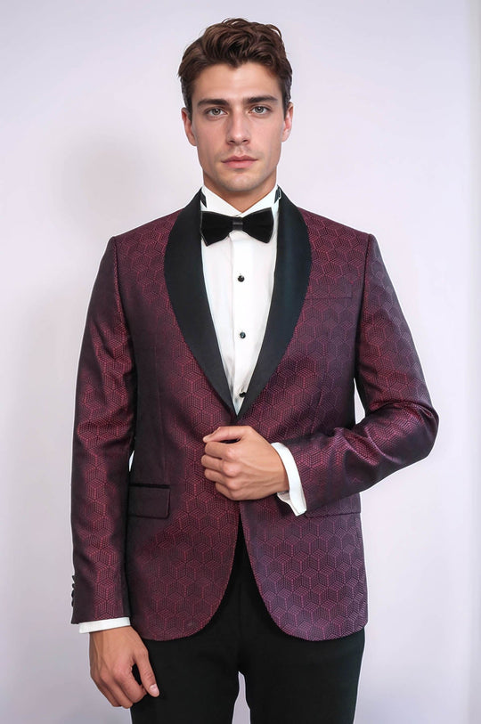Men’s Burgundy Pentagon Patterned Slim Fit Shawl Lapel Dinner Jacket