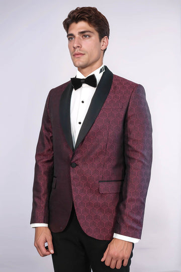 Men’s Burgundy Pentagon Patterned Slim Fit Shawl Lapel Dinner Jacket