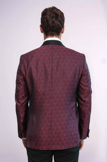 Men’s Burgundy Pentagon Patterned Slim Fit Shawl Lapel Dinner Jacket