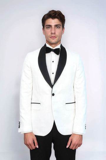 Men’s White Pentagon Patterned Slim Fit Shawl Lapel Wedding Tuxedo Blazer