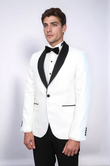 Men’s White Pentagon Patterned Slim Fit Shawl Lapel Wedding Tuxedo Blazer