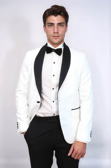 Men’s White Pentagon Patterned Slim Fit Shawl Lapel Wedding Tuxedo Blazer