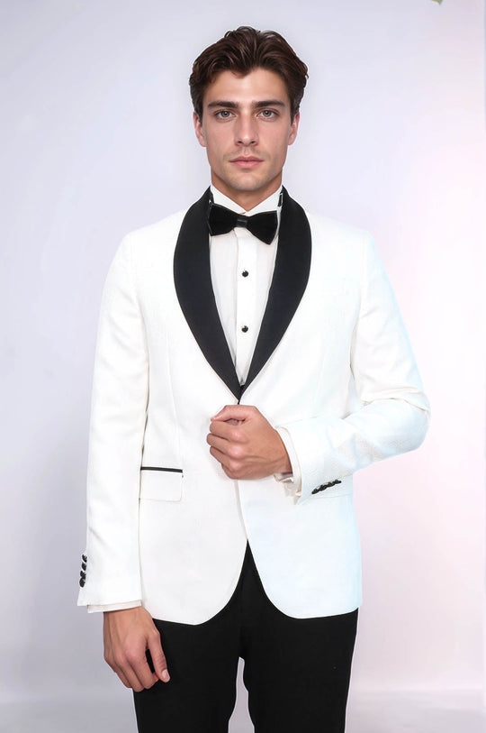 Men’s White Pentagon Patterned Slim Fit Shawl Lapel Wedding Tuxedo Blazer