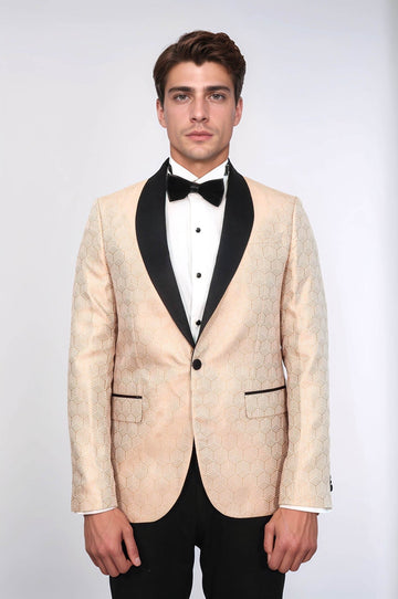 Men’s Cream Pentagon Patterned Slim Fit Shawl Lapel Dinner Jacket