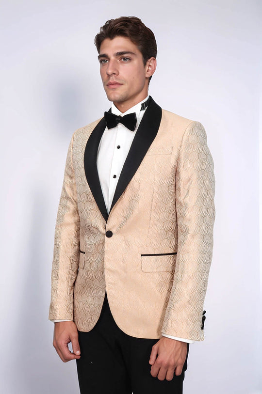 Men’s Cream Pentagon Patterned Slim Fit Shawl Lapel Dinner Jacket