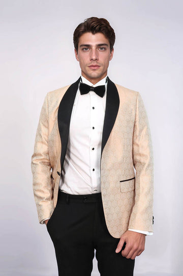 Men’s Cream Pentagon Patterned Slim Fit Shawl Lapel Dinner Jacket