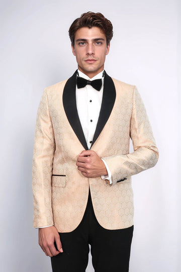 Men’s Cream Pentagon Patterned Slim Fit Shawl Lapel Dinner Jacket