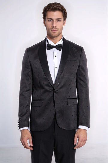 Men’s Midnight Black Dot Patterned Slim Fit Shawl Lapel Tuxedo Blazer