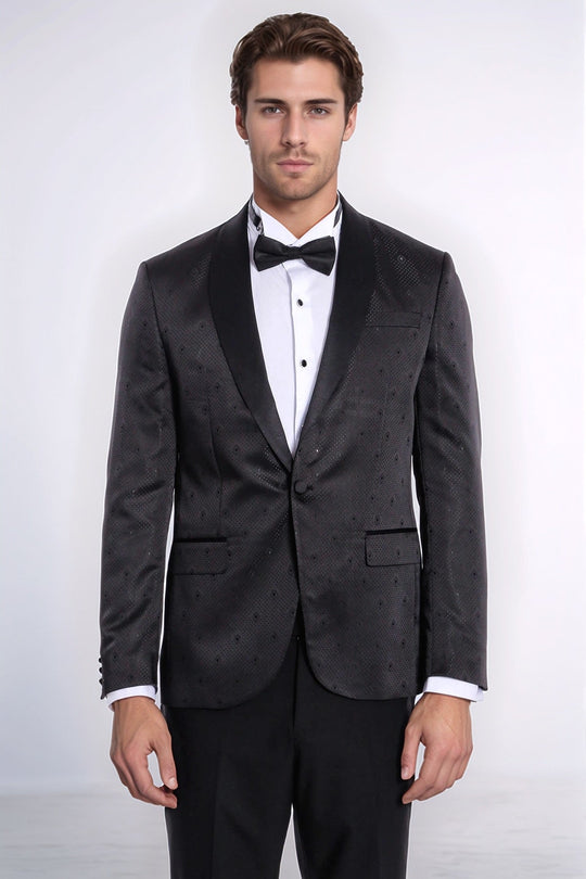 Men’s Midnight Black Dot Patterned Slim Fit Shawl Lapel Tuxedo Blazer