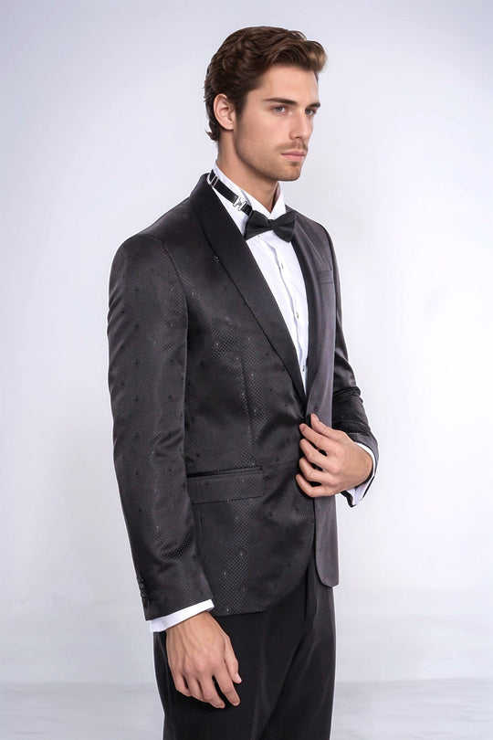 Men’s Midnight Black Dot Patterned Slim Fit Shawl Lapel Tuxedo Blazer