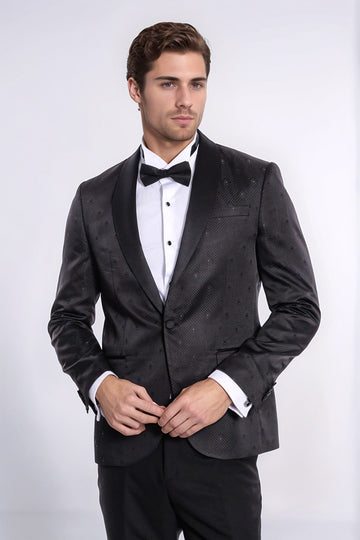 Men’s Midnight Black Dot Patterned Slim Fit Shawl Lapel Tuxedo Blazer